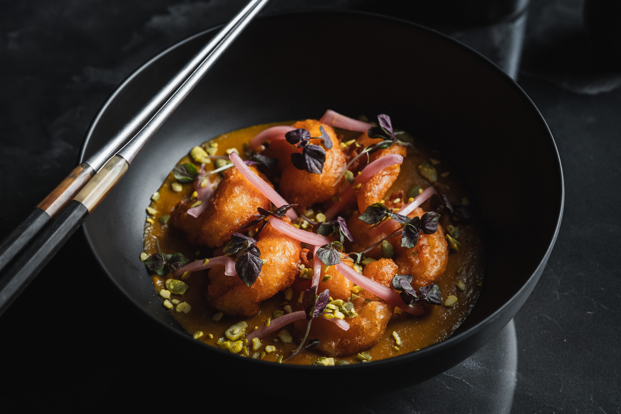 Cloak & Petal fusion kitchen — crispy shrimp in orange sauce, Little Italy San Diego